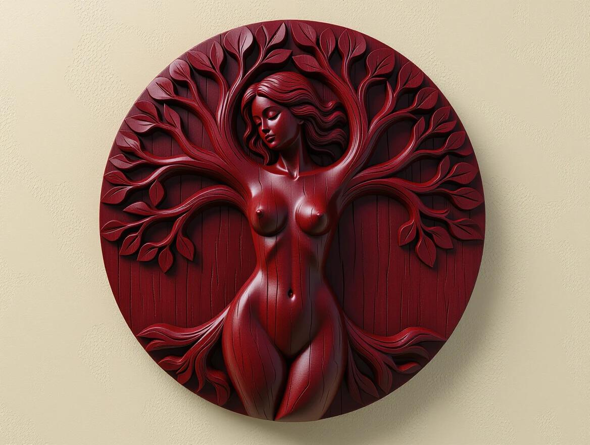 3D detailed closeup of a wooden relief carving depicting a nude figure blending with tree forms. Rich burgundy color with visible wood grain texture. The artwork embodies a living spirit, integrated with nature.