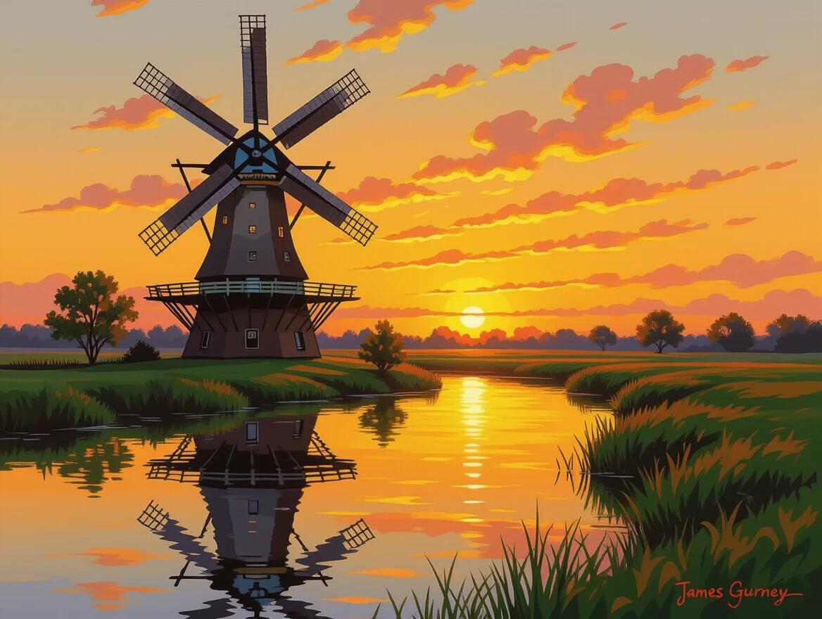 A windmill stands against a sunset sky. The sky is golden and reflects in the stream. The scene is peaceful and filled with vibrant colors. It showcases fine details as an oil painting. James Gurney is the artist.