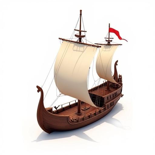 Medieval ship designed in a solid color with no lighting effects. A 2D illustration featuring a vector style with a matte finish, showcasing a construction aesthetic. The ship displays cel shading and clean lines against a white background with no gradients, captions, shadows, or rendering. The composition is centered, full frame visible, in a wide shot from a top-down isometric perspective.