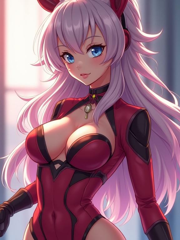 Digital illustration of an anime character. Seductive pose. Pink hair. Red outfit with black accents. Character with blue eyes. Expressive features. Soft lighting in the background.