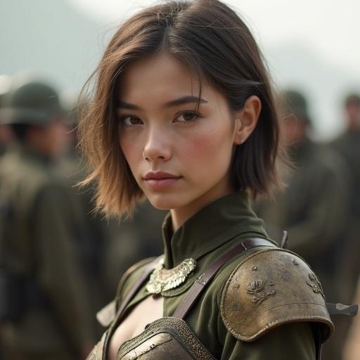 A young female soldier around 20 years old. She has a standard build with a slightly larger bust, fair skin like porcelain, and neat short brown hair. Large eyes convey warmth and kindness with inner strength. Calm expression with a hint of sensitivity. Wears practical yet elegant military uniform or light armor with fantasy-inspired design featuring skin exposure. In the battlefield or training grounds, she watches over others with a commanding and reassuring presence.
