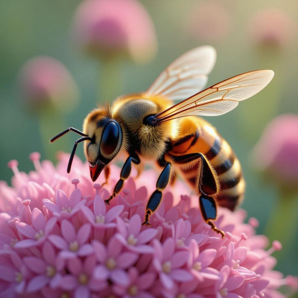 Close-up view of Apis cerana on a blooming pink flower. Hyper-realistic style showcasing intricate details. Cinematic scenes in 8K resolution.