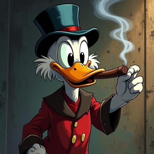 Scrooge McDuck smokes a cigar in a detailed illustration. The background features graffiti. The lighting is soft and shaded.