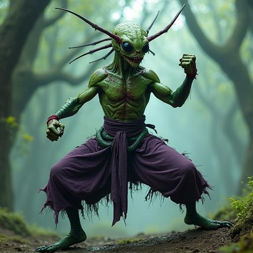 Thri-Kreen monk in kung fu stance in mystical forest with fog. Lean green body with black-blooded wounds. Four arms, compound eyes, feathery antennae. Worn monk's robe with chitinous armor. Dim light creates emerald glow.