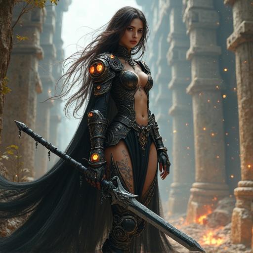 A beautiful female warrior stands confidently. She has long dark brown hair with crimson streaks. One arm is a magical spear. Floating magical eyeballs hover around her. She wears ornate black and white armor. The armor shows intricate runes and reveals clockwork gears. Glowing magical tattoos adorn her skin. She holds a large black sword. Behind her is a ruined gothic temple. Roots and vines entwine her feet. Spiraling light particles surround her. The sky shifts with alternate worlds. Dark fantasy scene.