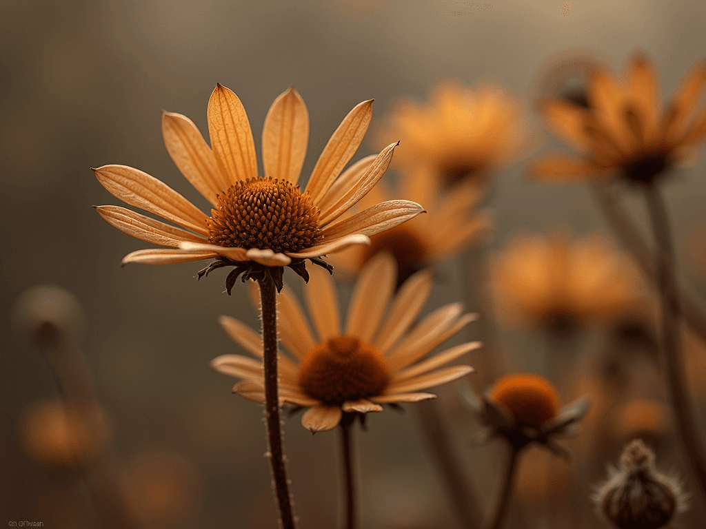 A close-up of vibrant orange daisies with textured petals, standing tall against a blurred background, illuminated by warm, soft light.