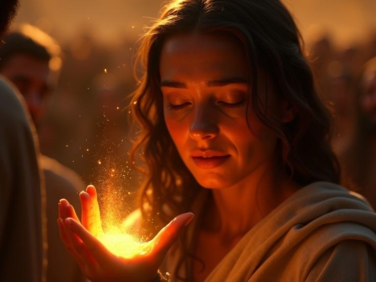 cinematic 3D thumbnail featuring a woman touching Jesus's robe. Expression shows relief and faith. Glowing light illuminates her hand and face. Blurred crowd in background. Chiaroscuro lighting style. Text overlay in German: 'DIE BERÜHRUNG, DIE ALLES VERÄNDERT'.