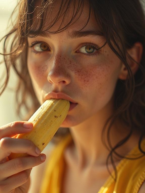 A young girl enjoys a banana in soft sunlight. The ambiance is warm and dreamy. The girl appears shy and freckly. A delicate yellow outfit adds to the aesthetic. The scene captures a relaxed moment with a focus on the banana.