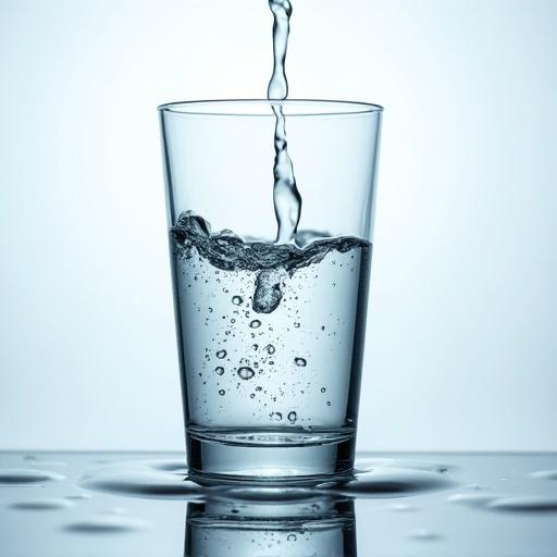 A glass containing water is shown upside down without spilling. Water is visible in the glass with bubbles on the surface. The setting is minimalistic with focus on the glass.