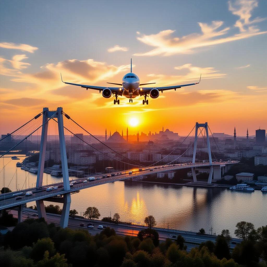 Photo featuring airplane flying above cable-stayed bridge against sunset cityscape. Vibrant colors with warm tones. Contrasting lines of bridge and outline of airplane. Tranquil scene with mosque and buildings in the distance.