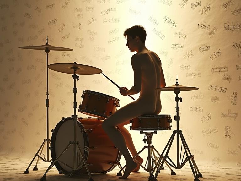 3D mixed media art featuring a silhouette of a naked drummer playing drums. Background displays floating sheet music in a blend of futuristic and ethereal aesthetics reminiscent of visionary concept art.