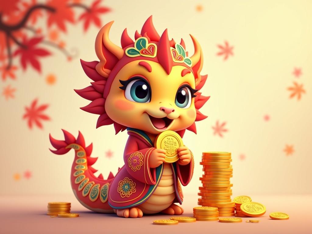 This image is a 2D cartoon style depiction of a character celebrating the Lunar New Year. The character resembles a friendly, colorful snake-like creature with large, expressive eyes. It is dressed in festive, ornate clothing adorned with vibrant patterns suitable for the celebration. The character holds a stack of gold coins, symbolizing prosperity and fortune, and there are more coins scattered around its feet. The background features soft, warm colors with hints of autumn leaves, enhancing the festive atmosphere.