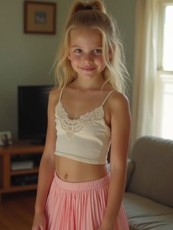 A young girl stands in a living room wearing a mini pleated skirt and lace-trimmed cami. She has blonde hair and a slim waist. The setting is well-lit with natural light. The image appears pixelated with bright colors.
