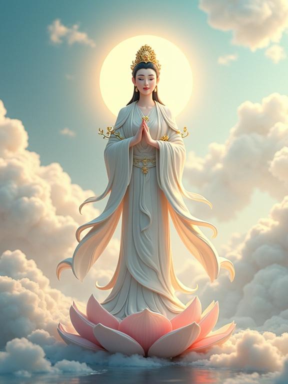 Guanyin Bodhisattva stands on a lotus throne. White robes flowing. Face compassionate. Eyes gentle. Holding a pure vase and willow branch. Adorned with a jeweled crown. Soft halo glowing behind. Surrounded by auspicious clouds. Bathed in sunlight. Eastern Buddhist realm. Disney-Pixar 3D animation style. Blending Atey Ghailan’s realism and Akira Toriyama’s expressions. Miki Asai’s vivid colors. Surreal ink wash. Low-saturation base. High-saturation accents. Ethereal immortal mountains. Sea of clouds in the background. Profound Zen. Strong light-shadow contrast. Mobile wallpaper ratio. Cinematic filter. Guanyin occupies one-quarter of the frame. Serene expressions. Epic composition.