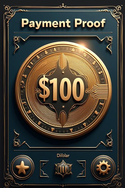 Visual representation of a $100 payment proof in a digital style. Featuring a coin with details like the amount and a decorative border.
