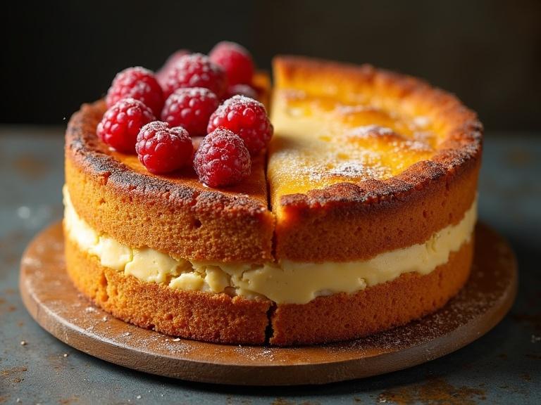 A beautifully sliced cake with burnt edges. The cake has a smooth cream filling and is topped with fresh raspberries. Realistic textures highlighted with soft lighting.