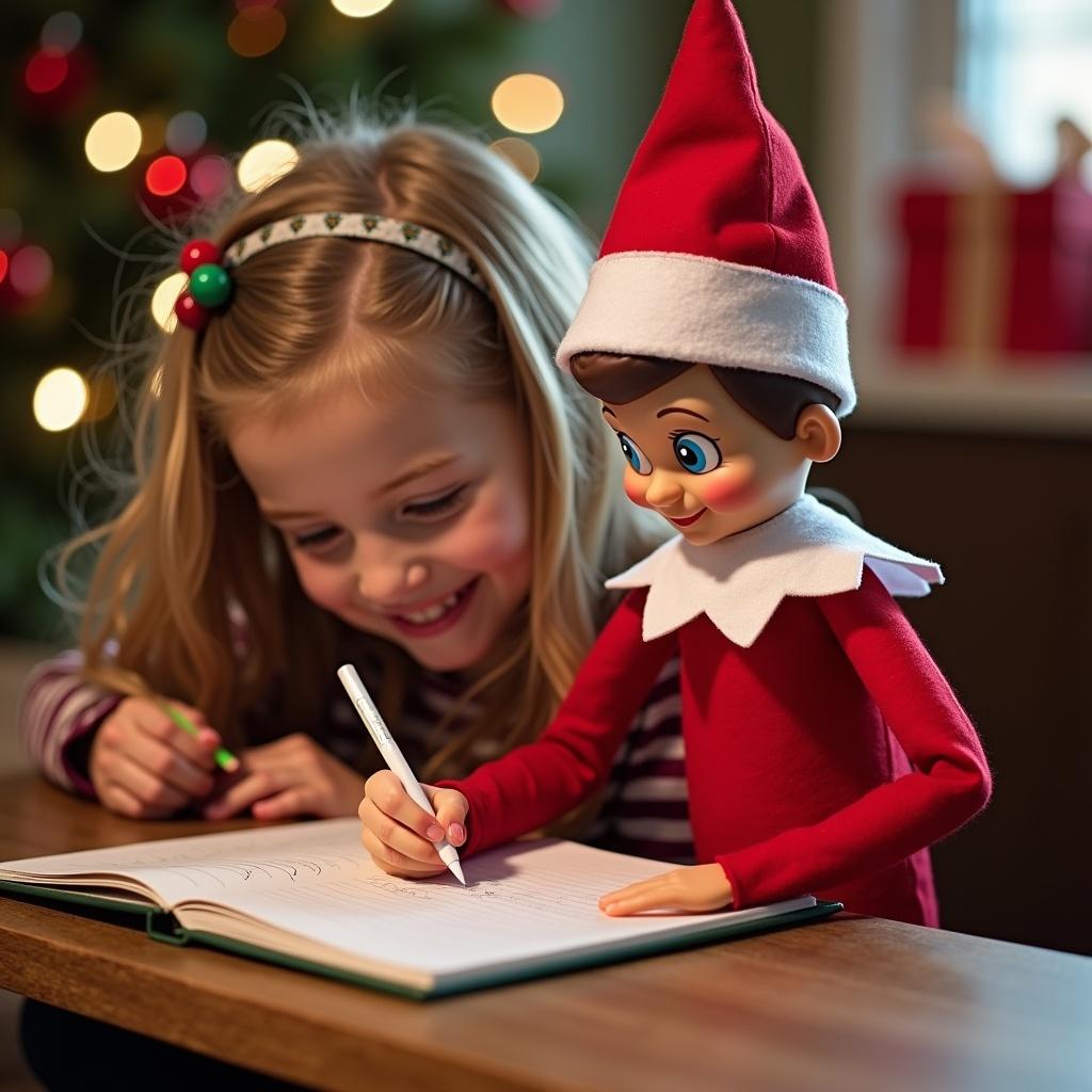 A child interacts joyfully with the Elf on the Shelf while writing in a notebook. The elf, dressed in a red suit with a pointy hat, observes attentively as the girl sketches or writes. The scene is filled with a warm, festive atmosphere, enhanced by the soft glow of Christmas lights in the background. This moment captures the magic of the holiday season, emphasizing the playful engagement between a child and this beloved holiday character. The overall setting features Christmas decorations, creating a cozy, enchanting feel.