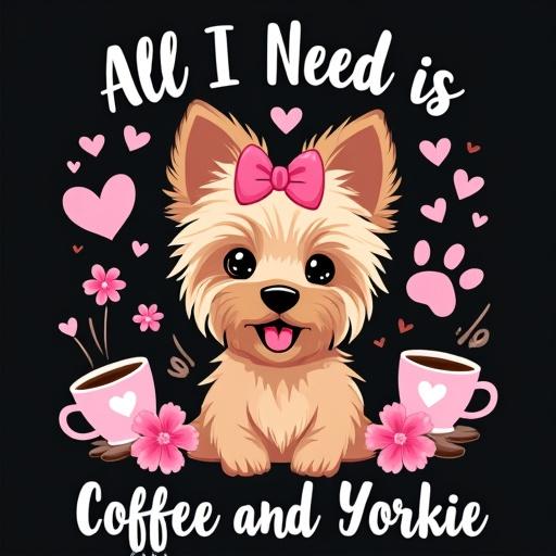 Adorable T-shirt design features a Yorkshire Terrier with a pink bow. Surrounded by hearts, flowers, and two coffee mugs. Typography reads: 'All I Need Is Coffee and Yorkie.' Cheerful and heartwarming vibe. Perfect for Yorkie moms and coffee lovers.