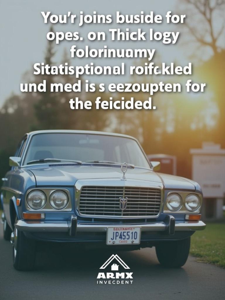 Image of a classic car parked outdoors. Text overlaid speaks about vehicle insurance benefits and features.