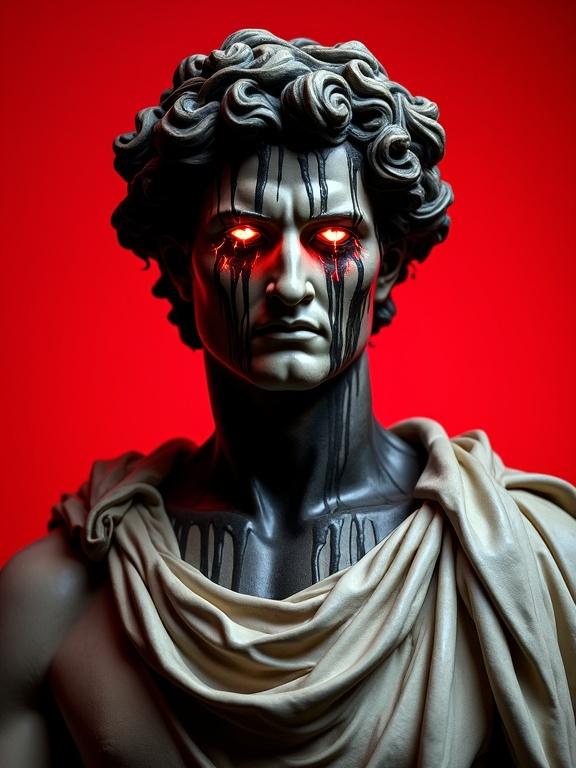 Statue of a classical figure in Italian Renaissance art style. Wavy hair with a wreath. Draped garment. Black paint dripping down the face. Red background. Eyes glowing white with lightning effects. Full height. Marble material. Masculine and stoic expression.