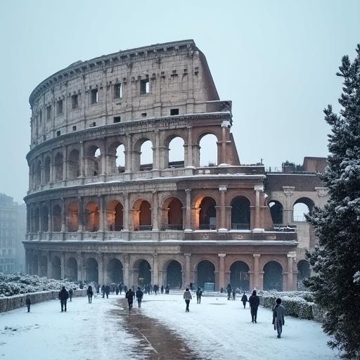 Colosseum in Rome covered in snow. Winter scene showing the iconic structure. People walking around the Colosseum. A cold, wintry atmosphere.