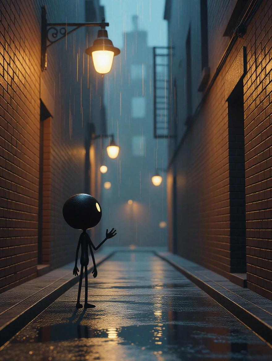 A miniature faceless stickman stands in a rain-soaked alley. Slender limbs express curiosity with a tilted head and a slightly raised hand showing hesitation. He gazes up at a flickering streetlight. The scene features moody lighting and a photorealistic 3D style.