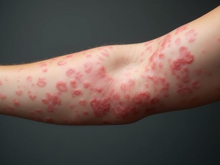 Medical photograph of human arm with widespread rash. Skin shows raised, pinkish-red, swollen wheals and plaques. Some lesions coalesce. Soft clinical lighting. Neutral dark gray background.