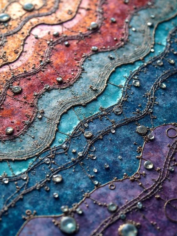 A close-up view of an abstract 3D mosaic featuring iridescent ceramic tiles and glass. The artwork showcases multi-layered textures with intricate details and vibrant colors. It's an encaustic mixed media piece with a focus on ethereal beauty.
