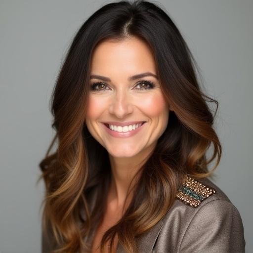 The image presents a woman with long wavy hair and a warm smile. She has light makeup that enhances her features. Dressed in a stylish outfit with a decorative shoulder element. The neutral background highlights her as the focal point. Her expression shows warmth and approachability.