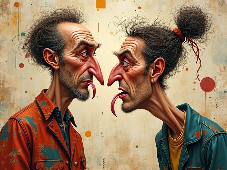 Eclectic and caricatured portrait art featuring two figures with exaggerated proportions. Both characters show playful stances and wear vibrant attire. They have twisted mouths, pointed chins, and arched eyebrows. The background includes patchwork style with collage textures and dynamic swirls. Floating geometric shapes and twisted ribbons add to the abstract feel. The art exhibits gritty textures and uneven shading. Overall, a mixture of artistic layers and digital manipulation with soft, backlit halo lighting.