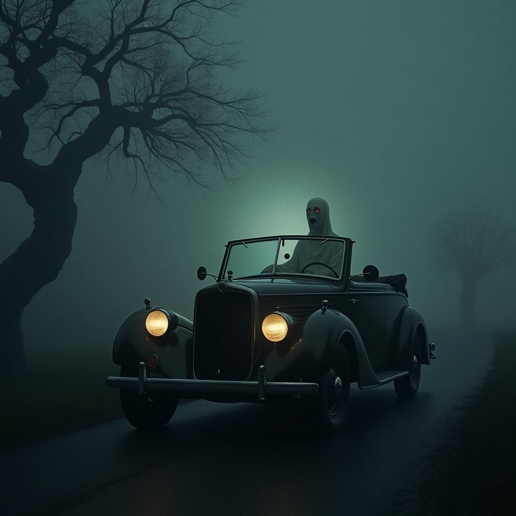 A vintage car on a foggy road. A ghostly presence is in the car. Low and eerie lighting. Bare trees in the background. Mist spread across the scene.