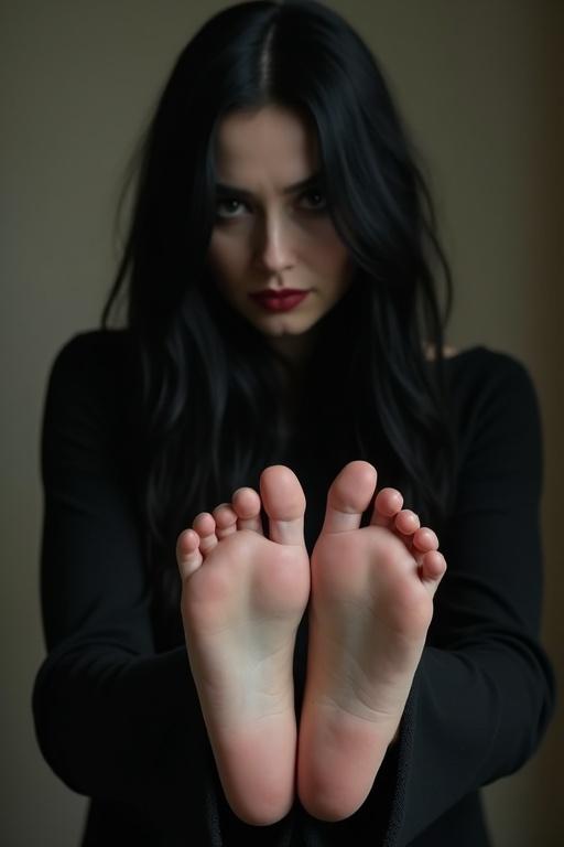 Image shows a mature goth woman with long black hair. The woman displays the soles of her bare feet towards the viewer. The environment has a soft lighting with a neutral background. The woman's attire is all black. This image focuses on the aesthetic of feet and elegant poses.