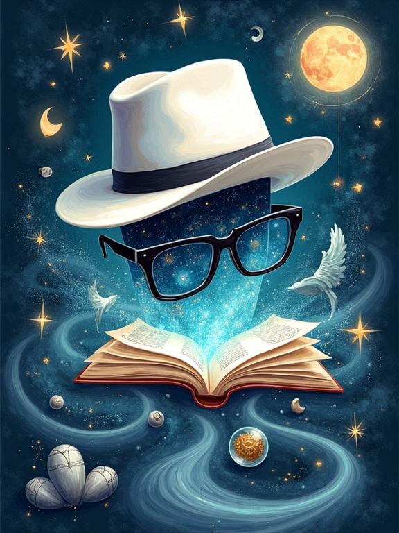 Stylized logo featuring surreal illustration of floating white fedora hat and floating black glasses. Surrounded by swirling elements representing science fiction fantasy and imagination. Elements include stars floating books clock gears cosmic energy and ancient runes. Painterly and expressive style with organic and futuristic motifs. Deep blues silver white and golden highlights color palette. Magical mysterious creative atmosphere.