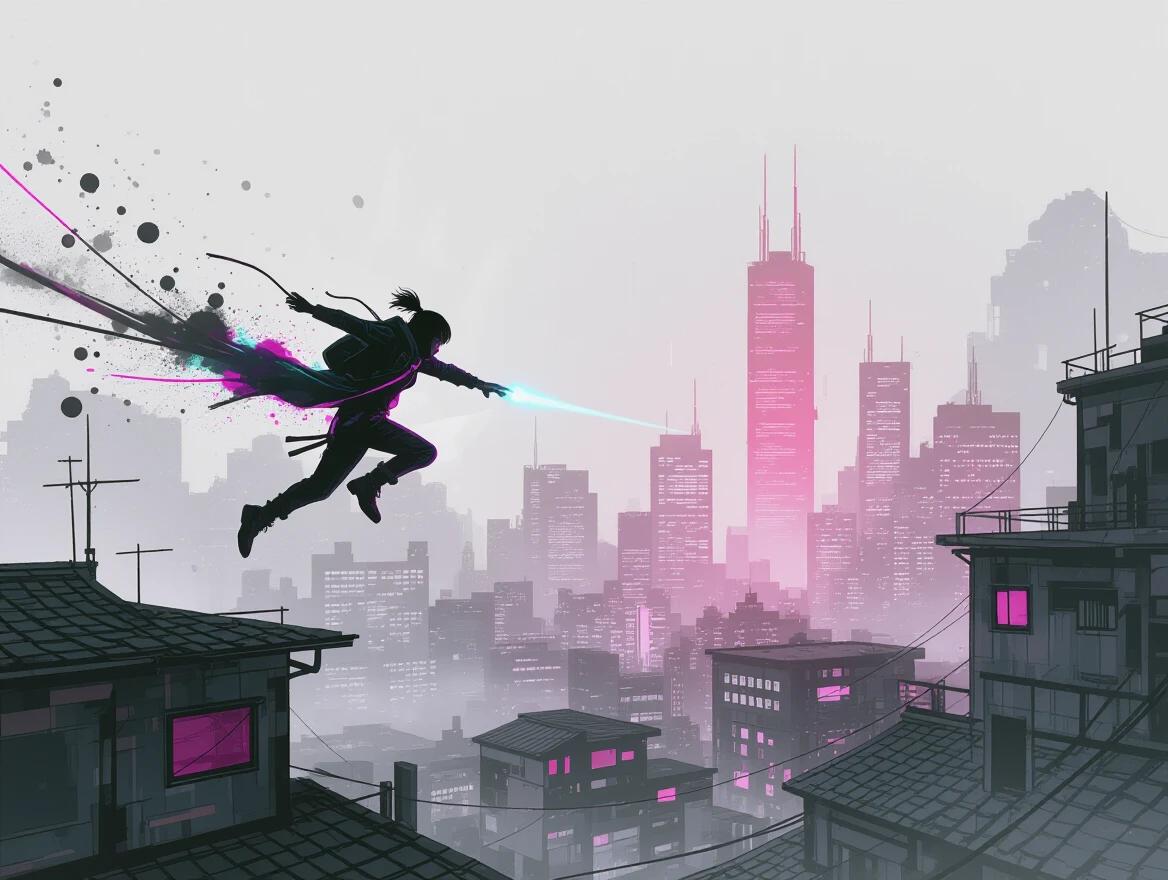 A dynamic scene of a cyberpunk drifter leaping between rooftops. The figure is positioned on the left third. Fluid ink splatter trails behind, depicting mid-air motion blur. The skyline glows with pink neon lights. Foggy textures dissolve into abstract buildings. The image is in a wide format and follows the rule of thirds.