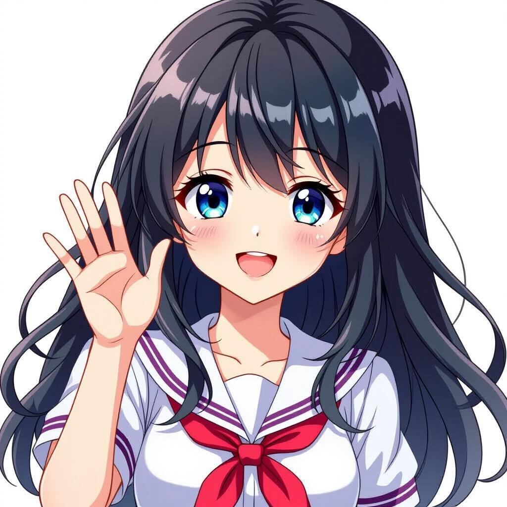 Manga-style drawing of an anime girl. She has long black hair and big blue eyes. She is wearing a school uniform with a red bow. The girl is smiling and waving her hand.