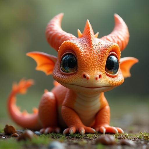 Small cute dragon with orange skin and over-sized big eyes sitting on damp earth. Smooth scales reflect gentle light. Background blurred to emphasize focus on dragon. Dragon features horns and small wings.