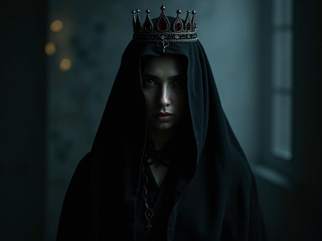 A shadow princess cloaked in shadows. Eyes visible with a hint of a jeweled crown. Dark gothic backdrop in the forest.