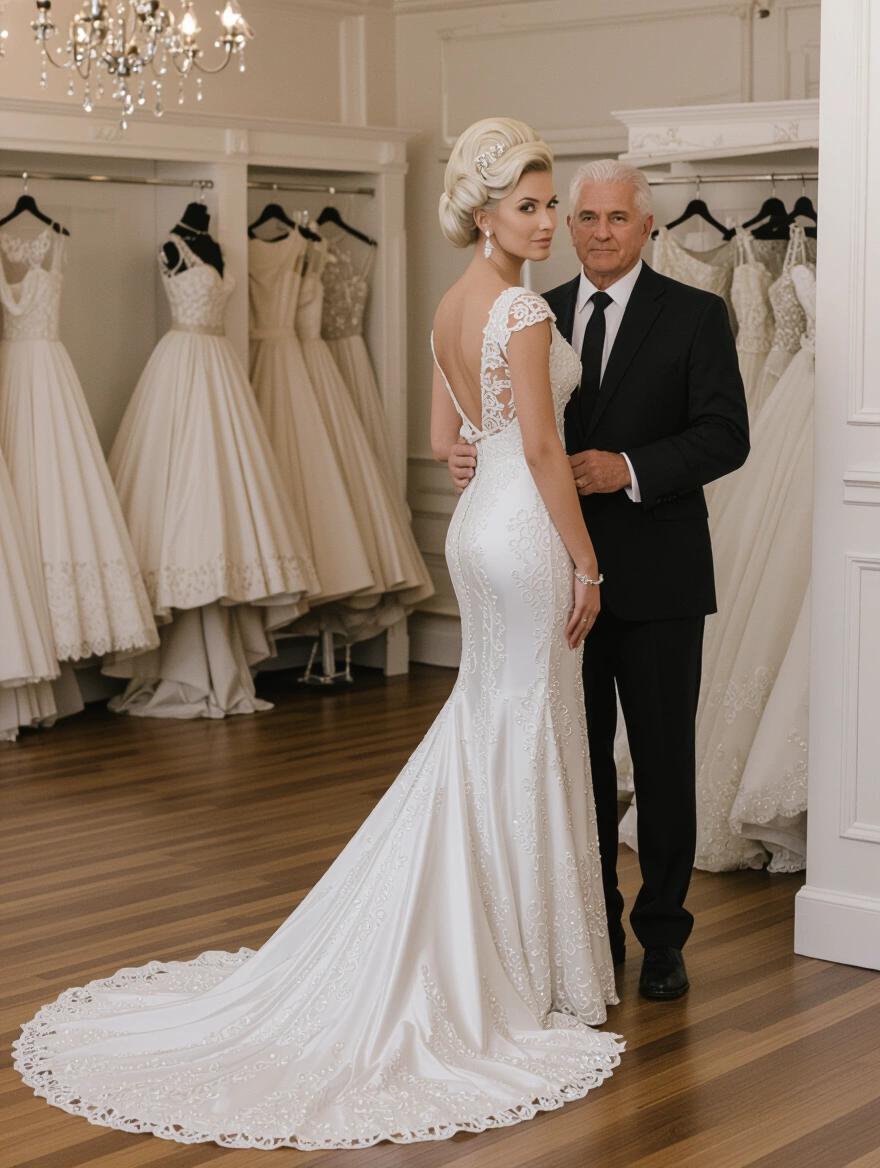 Side view portrait of a woman with platinum ornate updo hairstyle in a long form-fitting wedding dress beside an older man in a suit, set in an elegant wedding dress boutique.