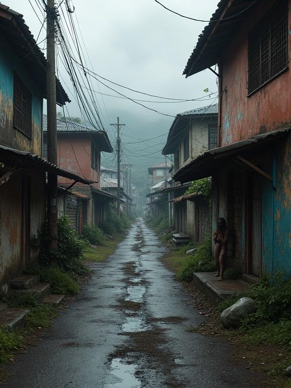Photorealistic depiction of a hostile favela environment in Latin America featuring narrow streets, abandoned buildings, and overcast skies.