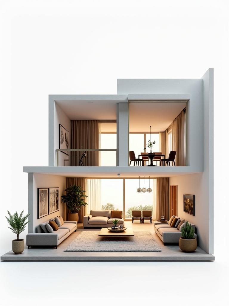 A contemporary miniature house interior. Sleek living room features modern furniture. Natural light streams through large windows. Intricate details of decor and textures visible. Isolated on a white background.