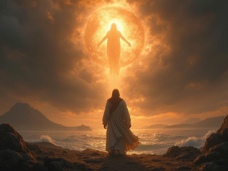 Vision of divine judgment with glowing figure in sky and flooded earth. Symbolic style with dramatic tones. 9:16 aspect ratio.