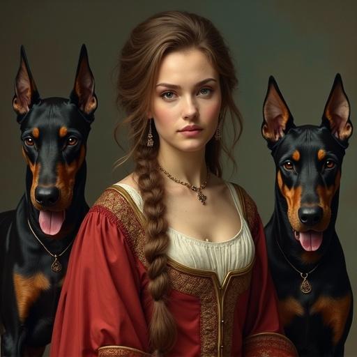 Portrait of a woman with a solemn expression. One eye directly looking at the viewer. Dressed in historical clothing with intricate details. Two Doberman dogs represent strength and loyalty. Rich color palette and dramatic lighting enhance the characters.