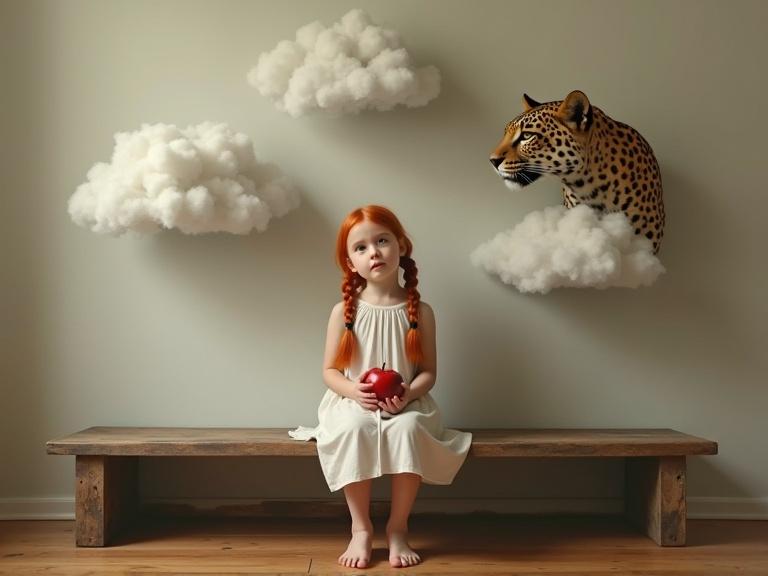 Surreal scene with young girl sitting on wooden bench. She has red hair in two braids and wears a white dress. She holds a red apple. Background is simple with neutral walls and soft shadows. Three clouds float above. A leopard's head emerges from a cloud. The scene blends reality with fantasy, representing innocence and danger.