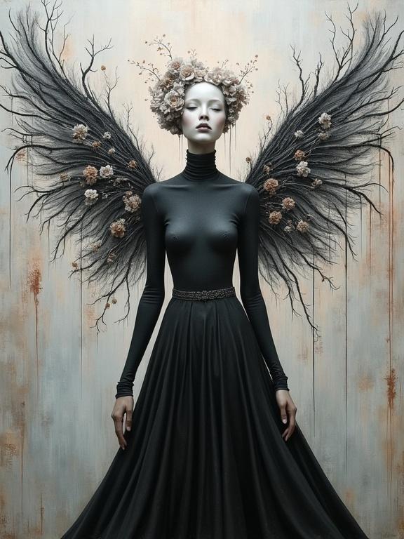 Faceless figure with sculptural wings made of branches and gradient grey flowers. The figure wears a charcoal high neck dress against a textured abstract background.
