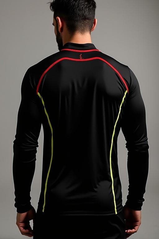 Half zip men's long sleeve training top features a black design with yellow and red contour lines. The focus is on the back view of the shirt.