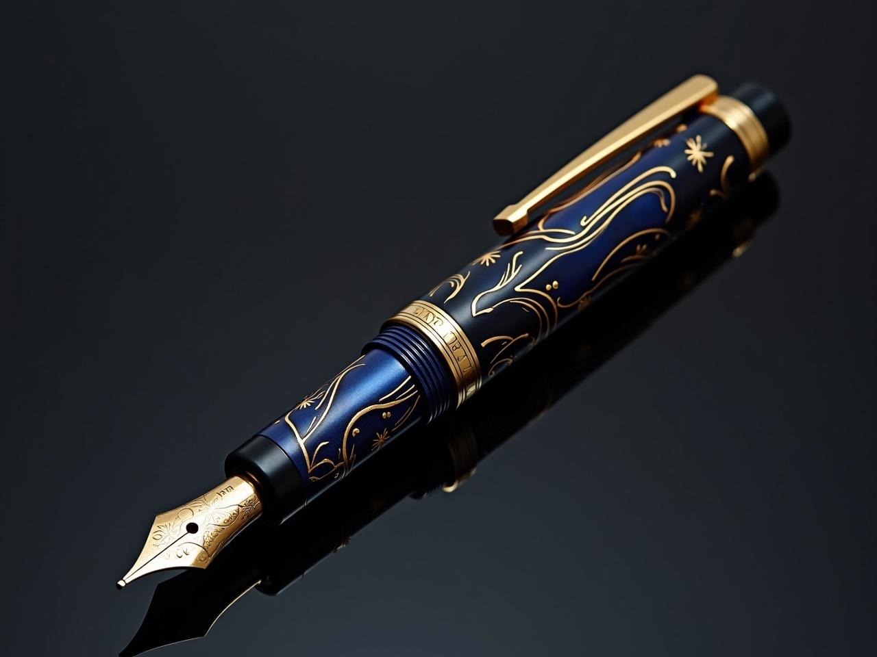 This image features a luxurious fountain ink pen. It is beautifully designed with deep blue and black colors. The pen is adorned with intricate gold engravings, showcasing exceptional craftsmanship. The soft lighting highlights its shiny surface and elegant features. The pen is positioned at an angle, emphasizing its refined details and luxury appeal.