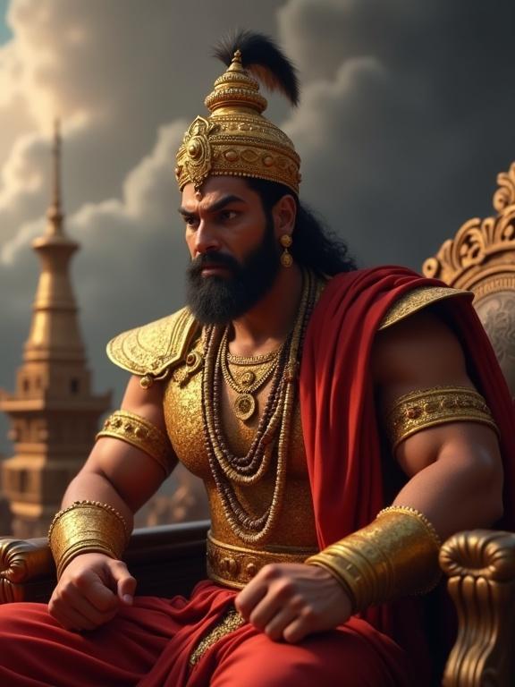 Epic scene from Mahabharata featuring Duryodhana in royal attire. Envy and frustration shown on his face while watching Arjuna. Clenched fists and tense posture suggest intense emotions. He wears ornate golden armor and a crown. Background has dark clouds symbolizing anger. Traditional Indian epic styling with 3D animated focus.