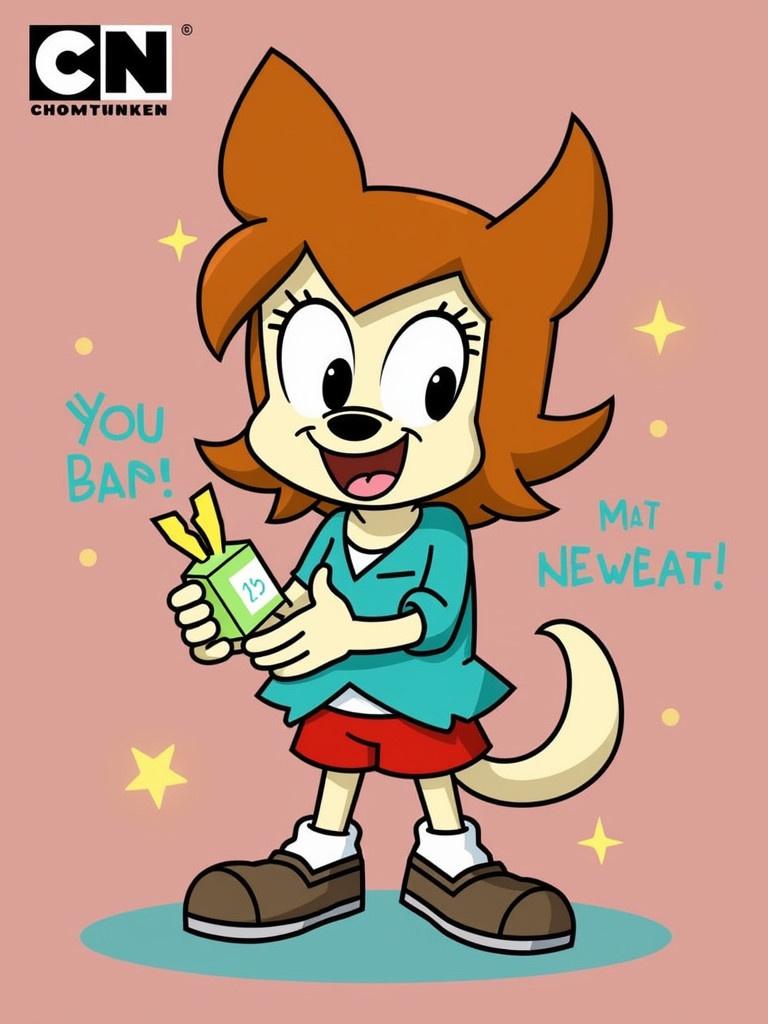 A cartoon character with medium hair and big eyes stands on a pink background. The character is smiling and holding a wrapped birthday gift. The character wears a blue shirt and red shorts with brown shoes. Stars are scattered around the character.