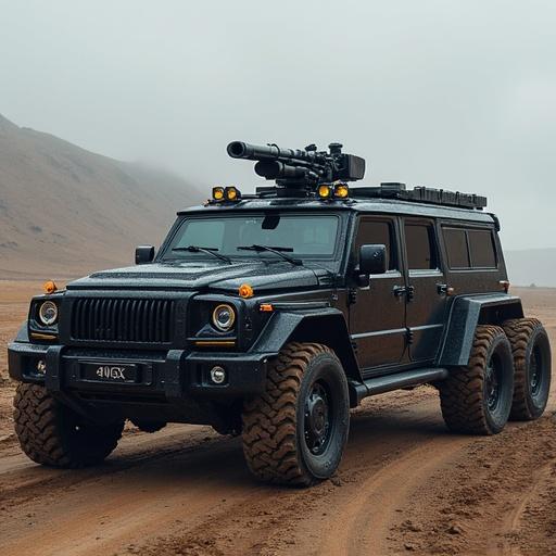 A rugged, black, armored vehicle designed for post-apocalyptic scenarios. This vehicle includes bulletproof features and heavy-duty components. It is shown in a barren landscape emphasizing its robust nature. The vehicle has an imposing presence with additional weapon mounts and fortified designs.