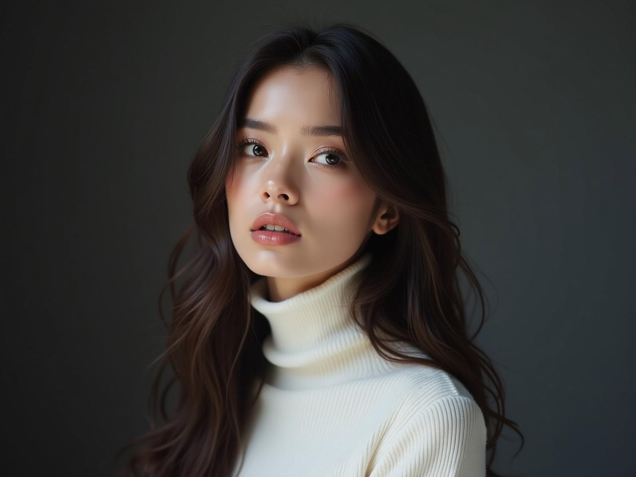 This image is a portrait of a young beautiful woman with long, dark hair and dark eyes. She is wearing a white turtleneck, giving the composition a clean and elegant look. The woman is looking slightly to the right of the camera, capturing a neutral, almost melancholic expression on her face. Her makeup is minimal, with glossy lips that add a subtle shine. The lighting is soft and diffused, enhancing her glowing skin tone. The background is gray and dark, which contrasts nicely with her features. The focus is primarily on her face, ensuring that the details are highlighted while the background remains slightly blurred. Overall, this is a high-quality, professional photograph with a realistic style.